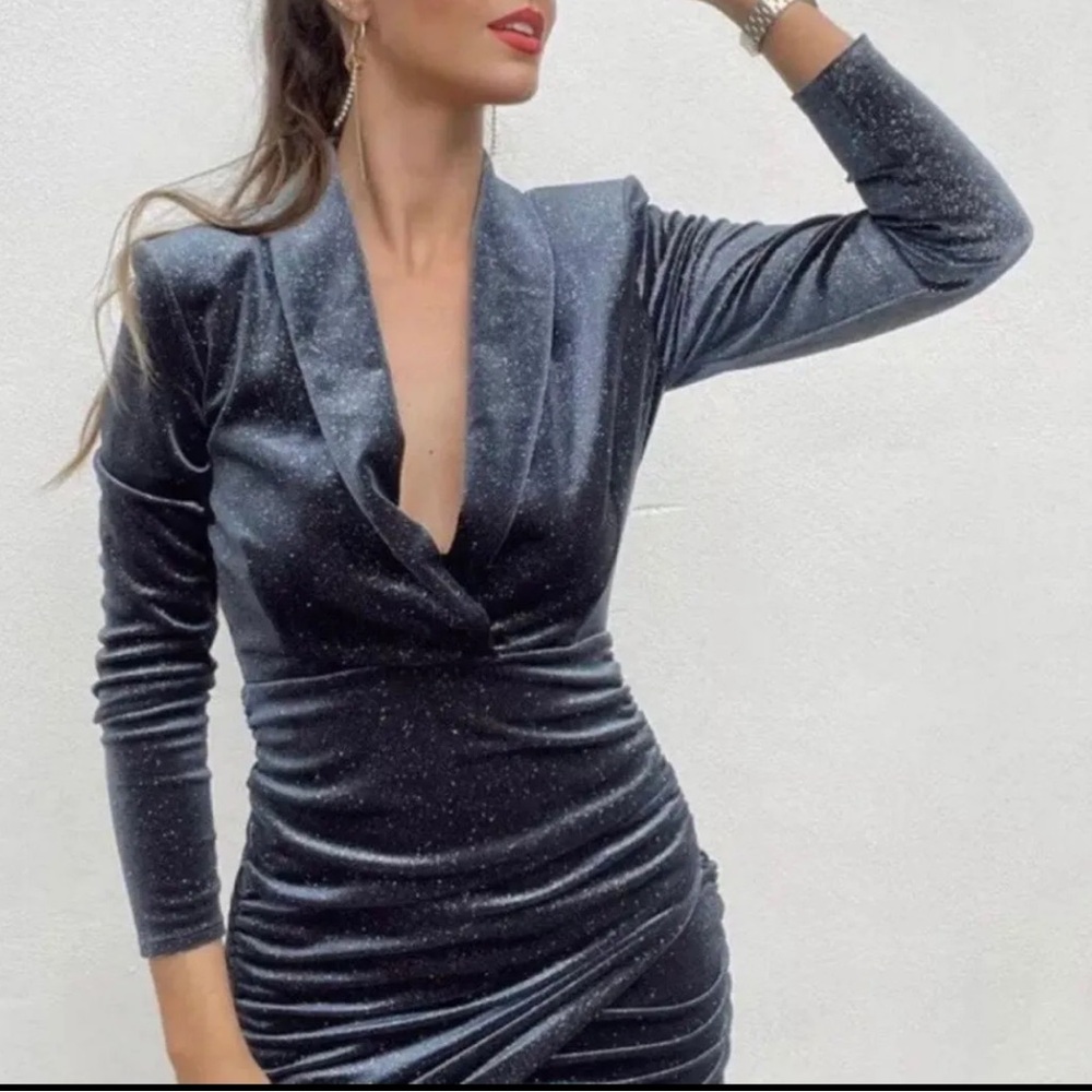 Zara NWT Glittery dark blue mini Dress long sleeve